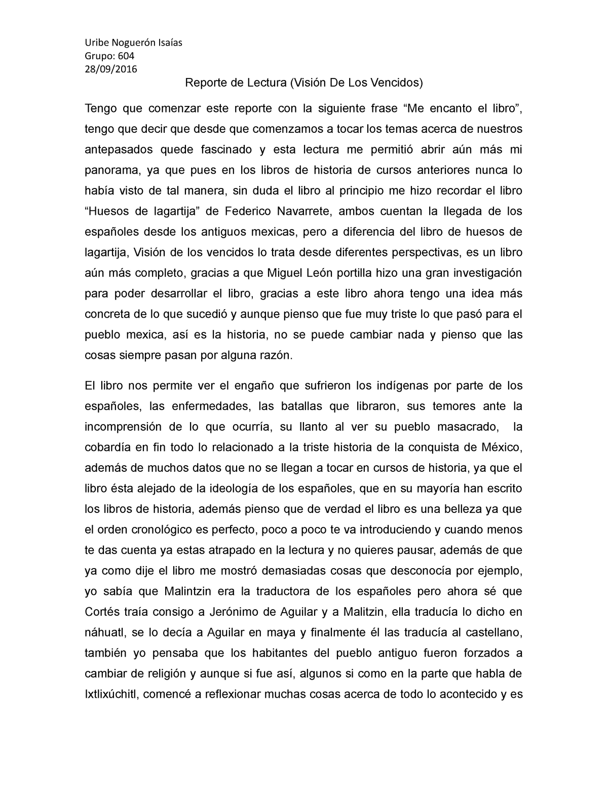 Reporte de Lectura. Visión de los vencidos 1516 UNAM