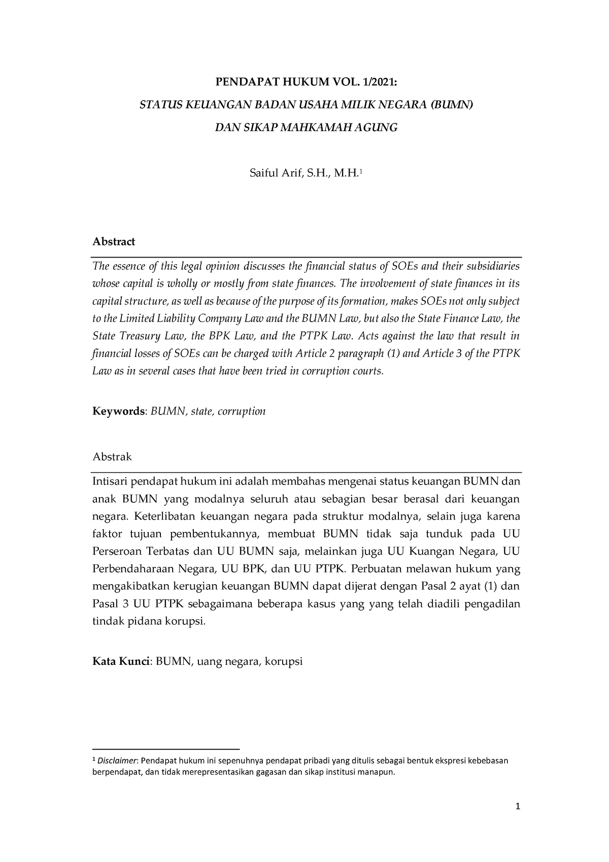 1-2021 Status Keuangan Negara Pada BUMN - PENDAPAT HUKUM VOL. 1/2021 ...