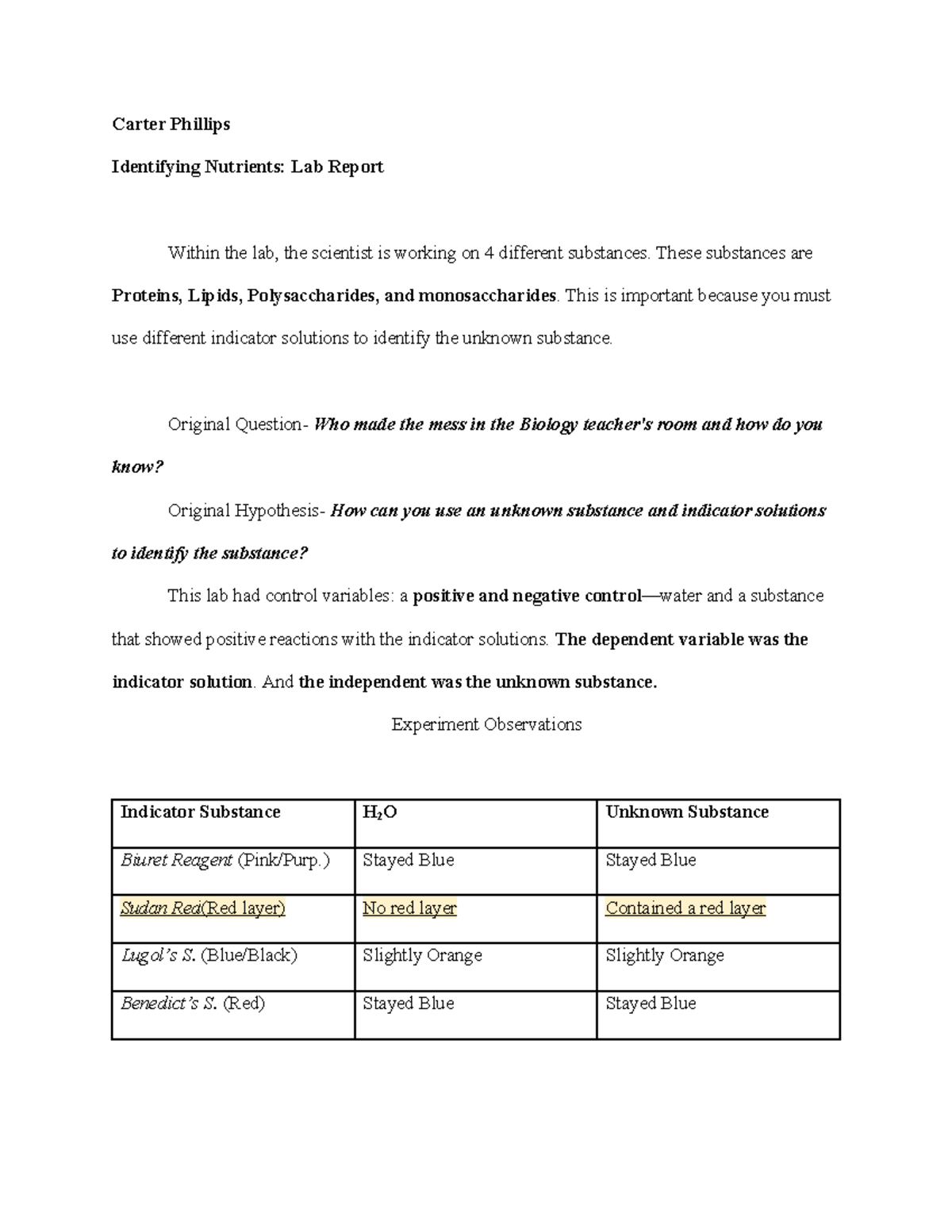 lab identifying nutrients assignment lab report brainly