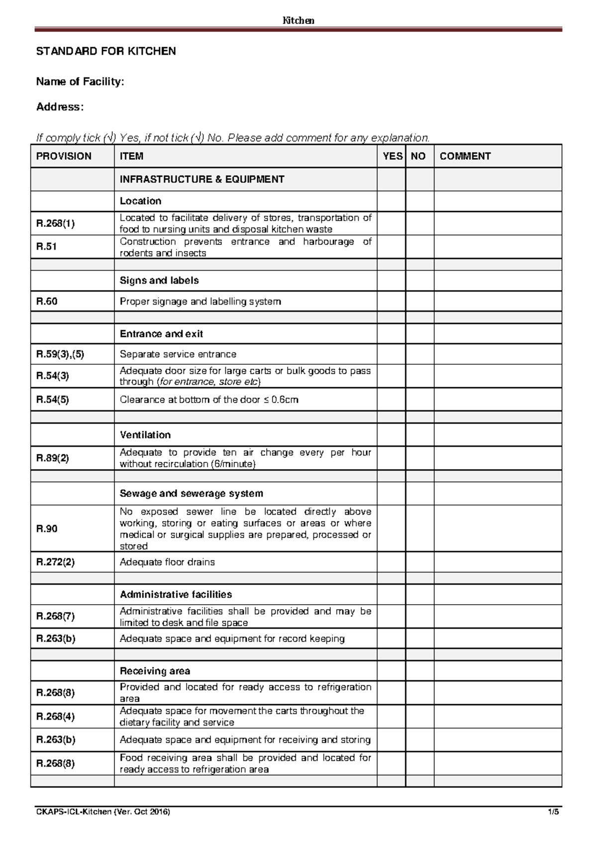 12Kitchen Oct-2016 - kichen sop - STANDARD FOR KITCHEN Name of Facility ...