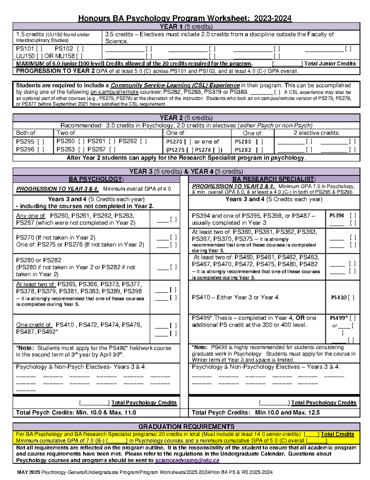 Hons ba ps rs - work notes - Honours BA Psychology Program Worksheet ...