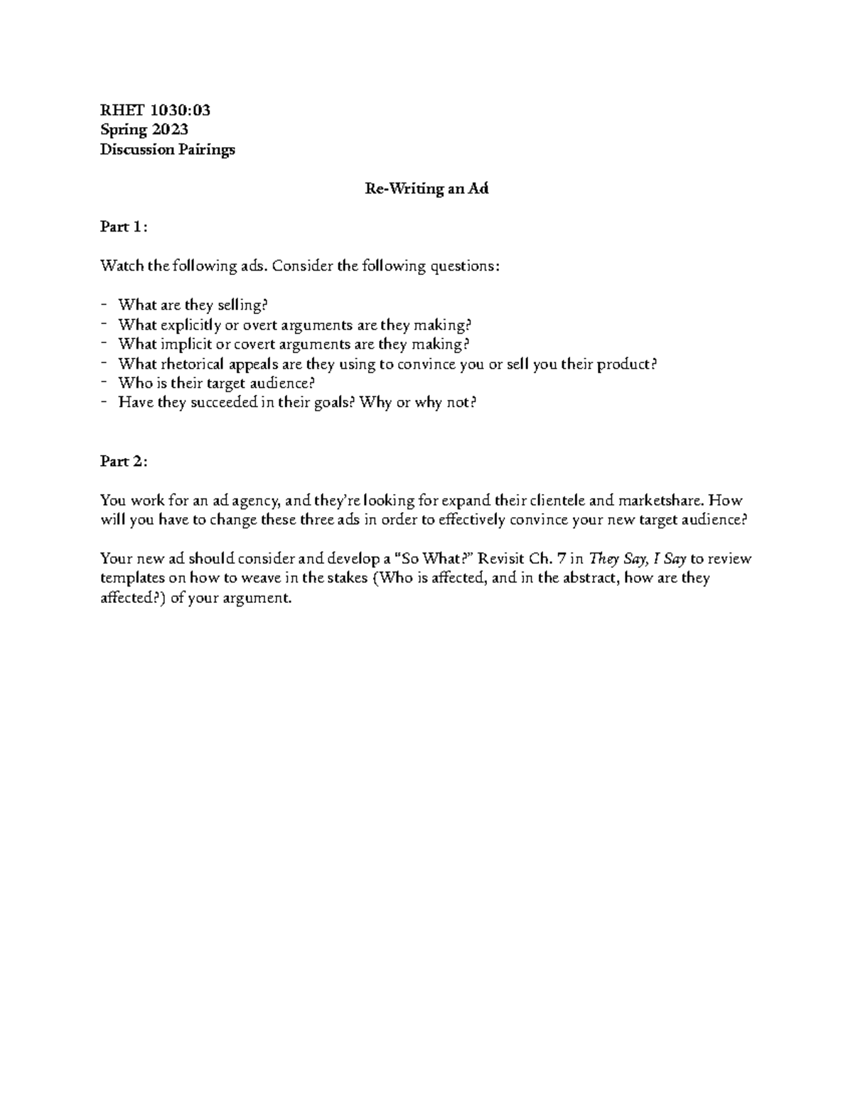 Re-Writing an Ad Activity - RHET 1030: Spring 2023 Discussion Pairings ...