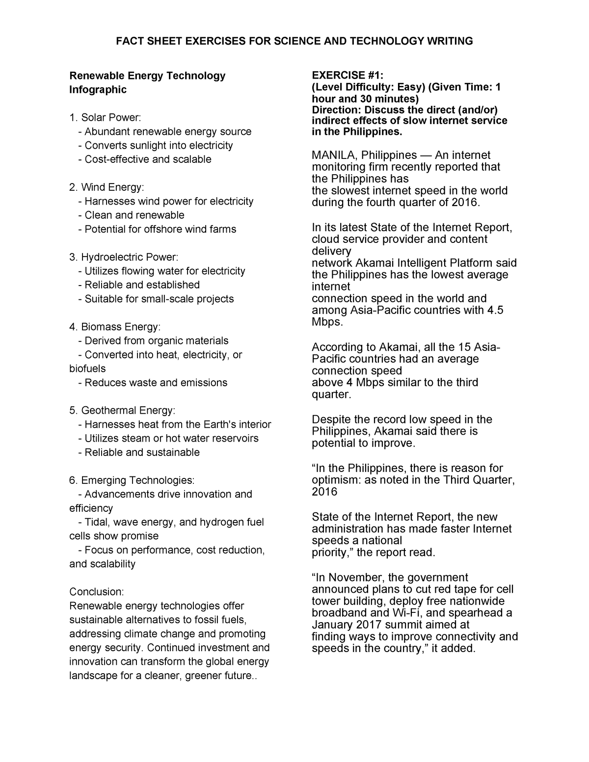 Science and Technology Sample Fact Sheets - FACT SHEET EXERCISES FOR ...