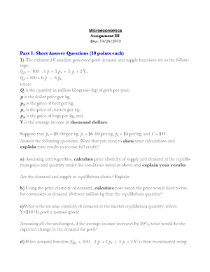 A3 (Answers) - Answer Key For Assignment#3 - Microeconomics Assignment ...