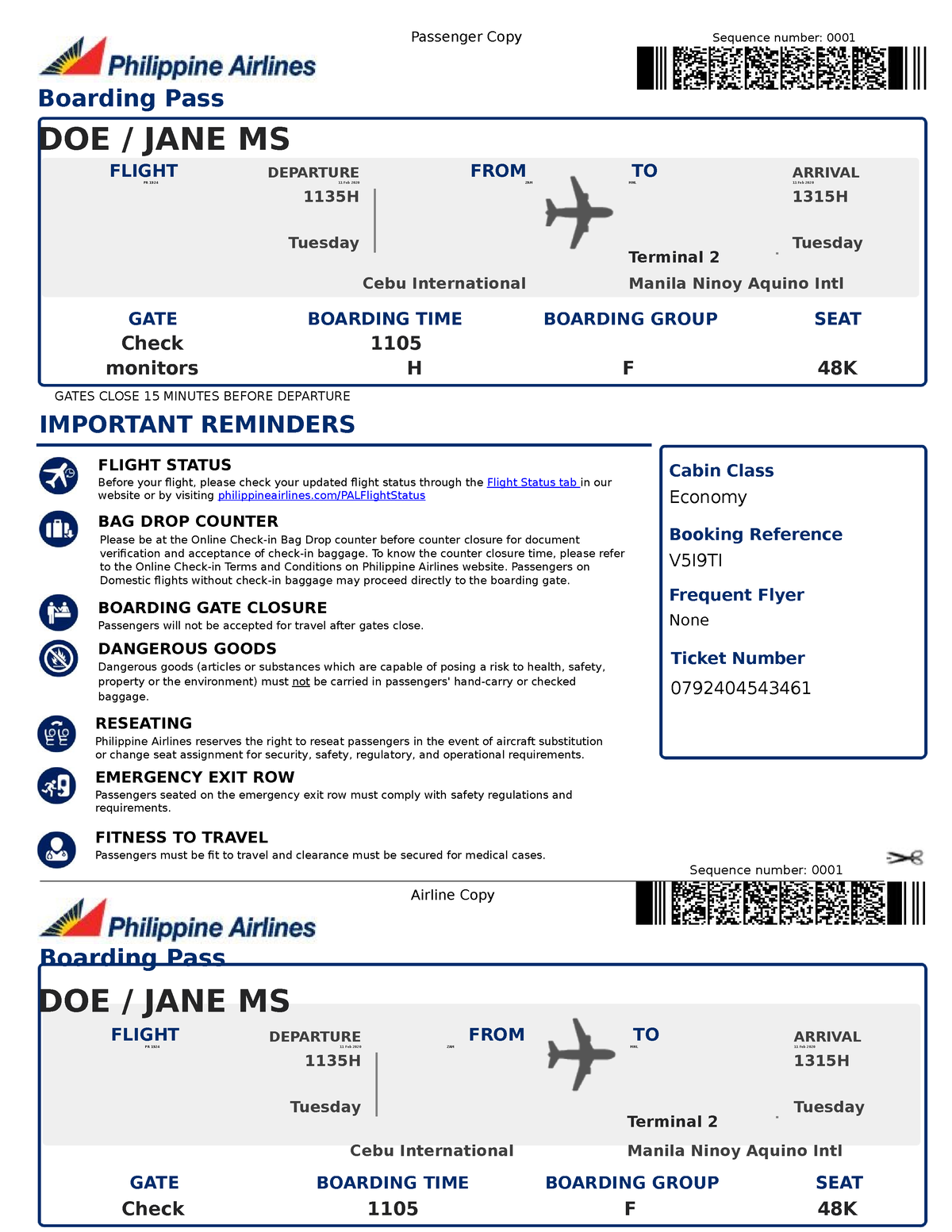 Plane ticket template 07 Passenger Copy Sequence number 0001