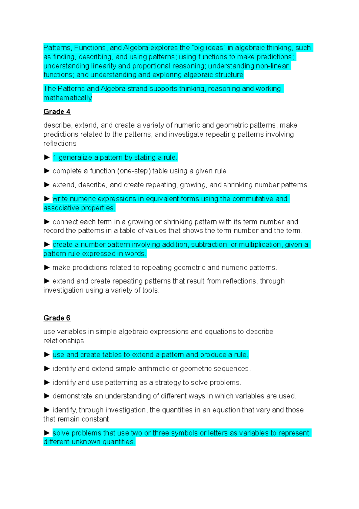 Conceptual progression - Patterns, Functions, and Algebra explores the ...