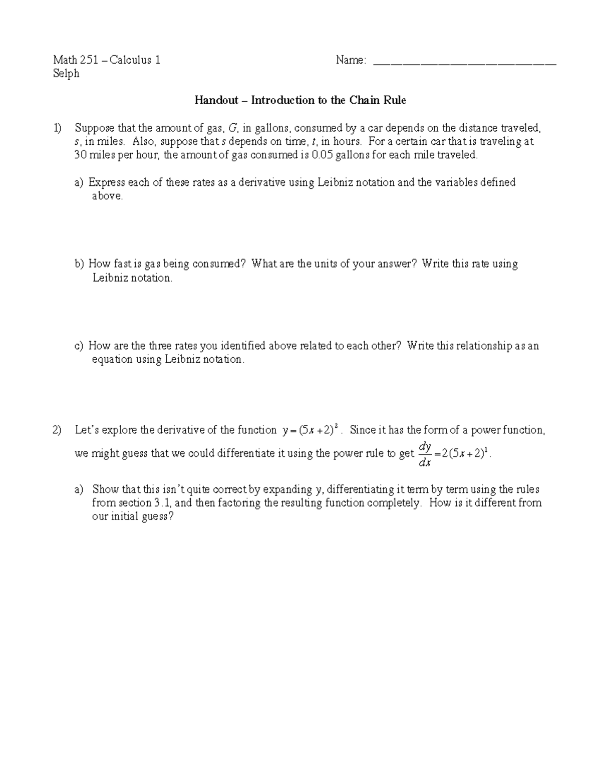 251-3.4-Intro to Chain Rule - Math 251 – Calculus 1 Selph Name