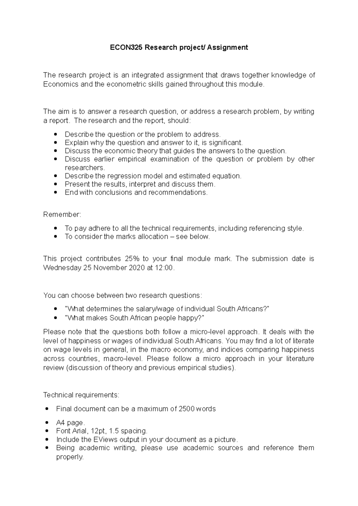 Research Project 325 2020 - ECON325 Research project/ Assignment The ...