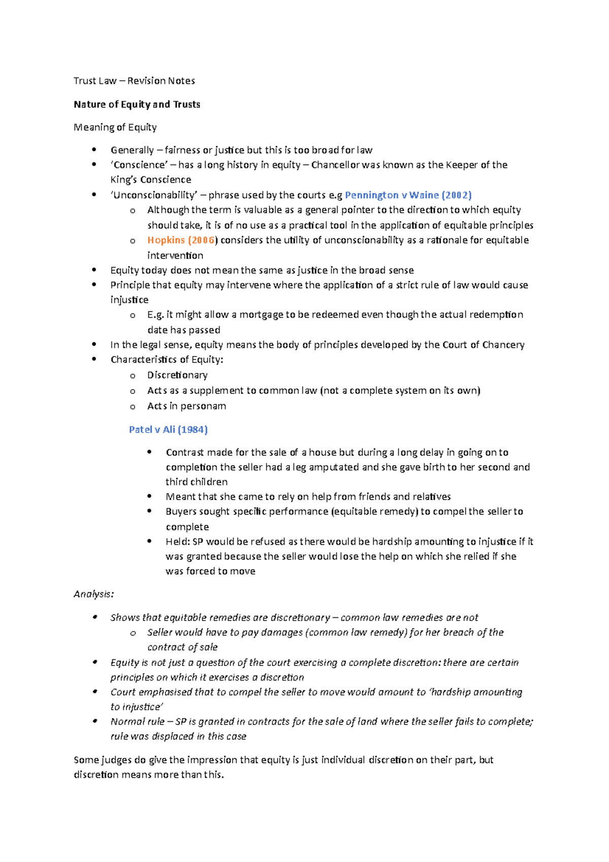 Nature and Equity of Trusts Revision Notes - Trust Law – Revision Notes ...