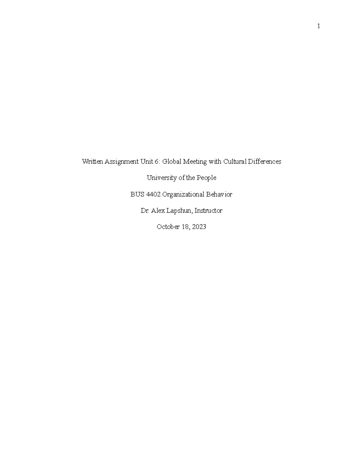 BUS 4402 - Unit 6 - Written Assignment - Global Meeting with Cultural ...
