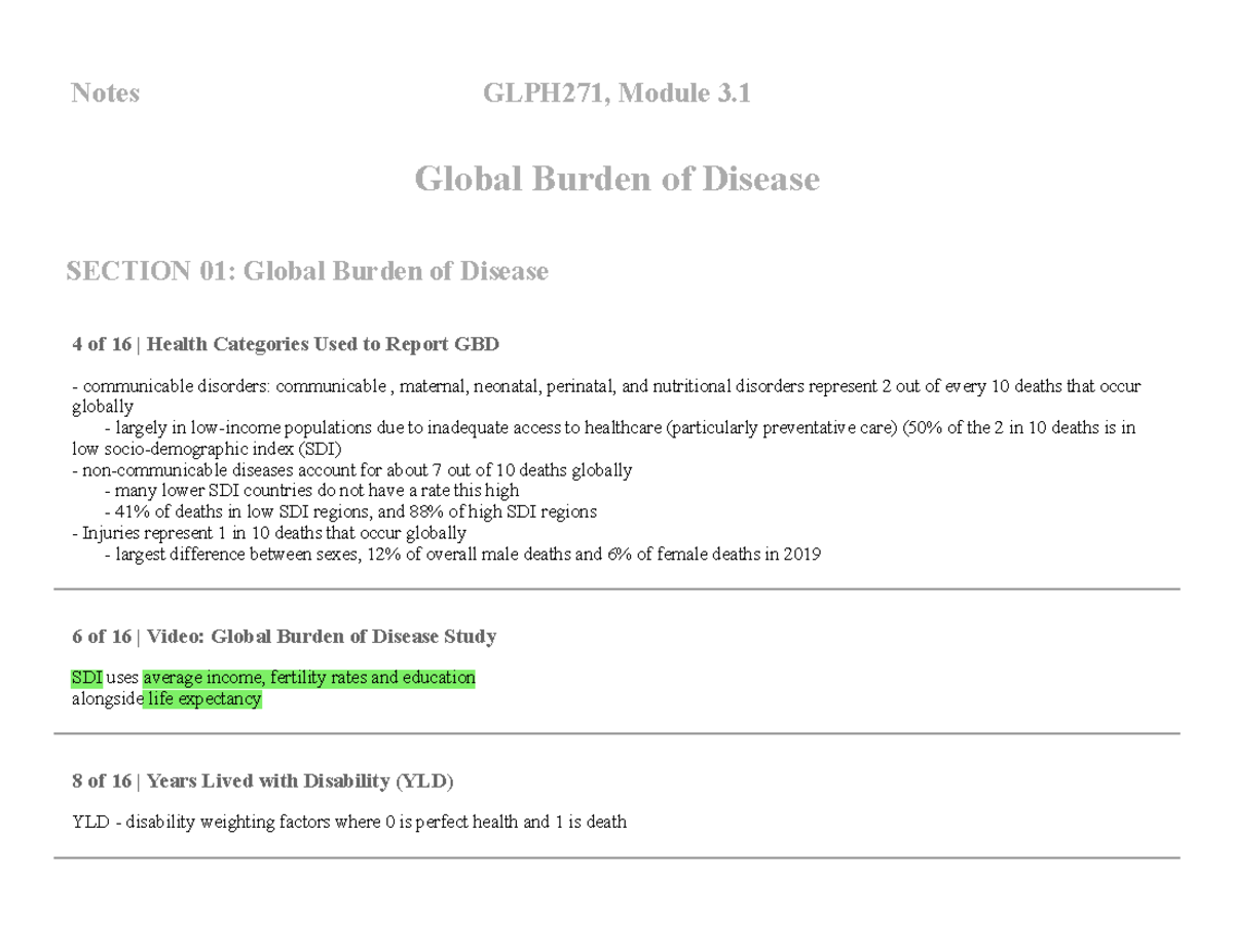 GLPH271 Module 3 PART 1 - Notes GLPH271, Module 3. Global Burden Of ...