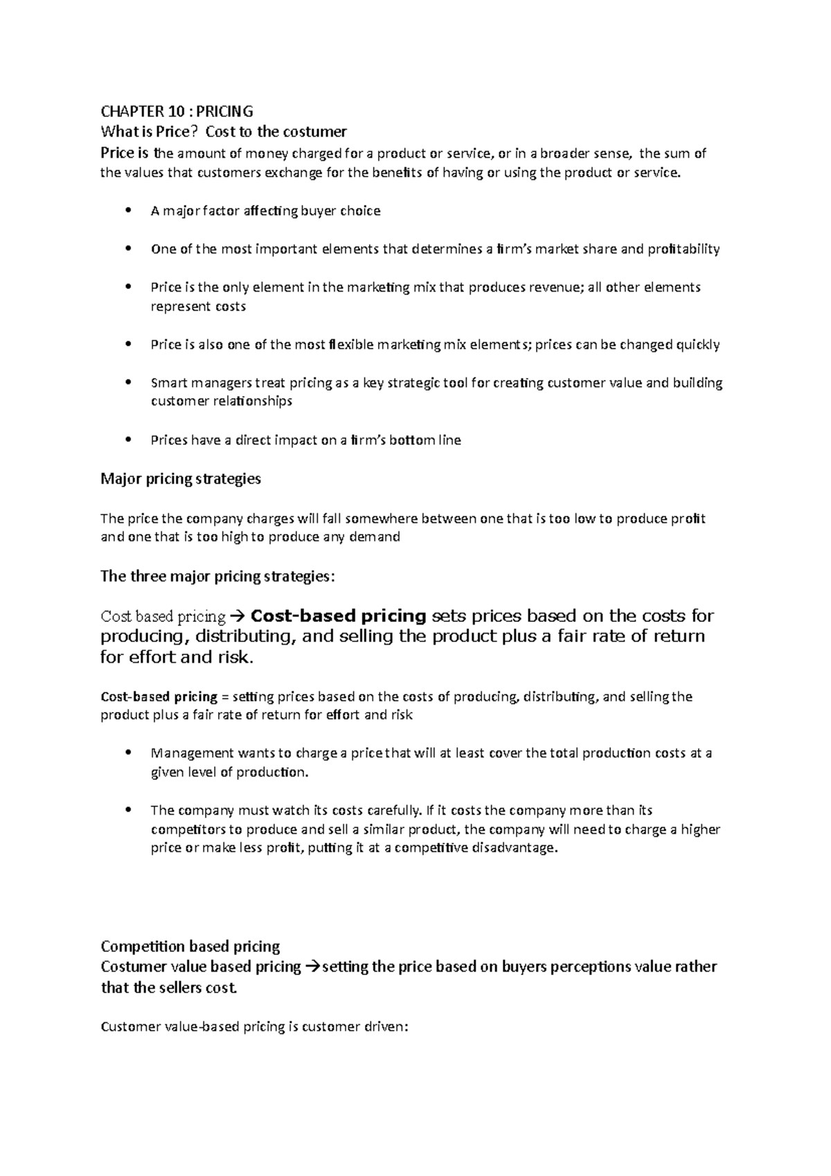 Chapter 10 pricing - ch10 - CHAPTER 10 : PRICING What is Price? Cost to ...