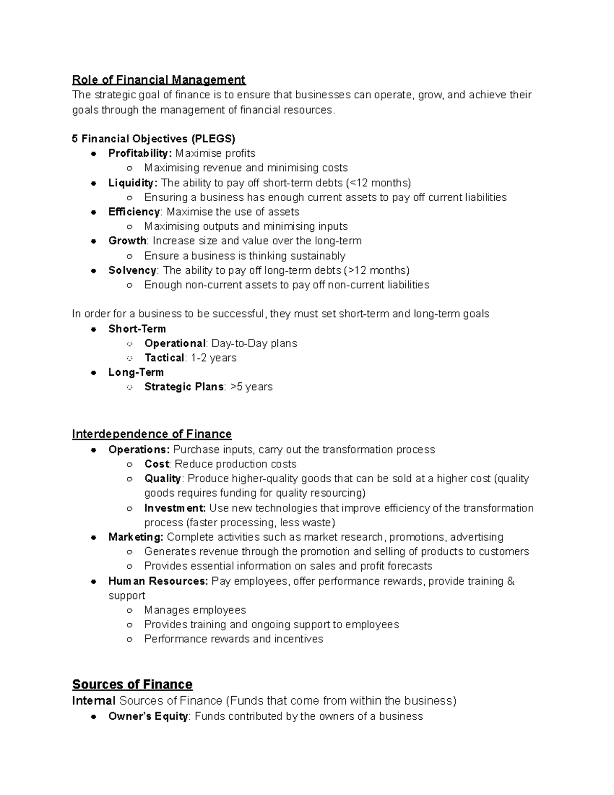 Business Studies HSC Finance notes - Role of Financial Management The ...