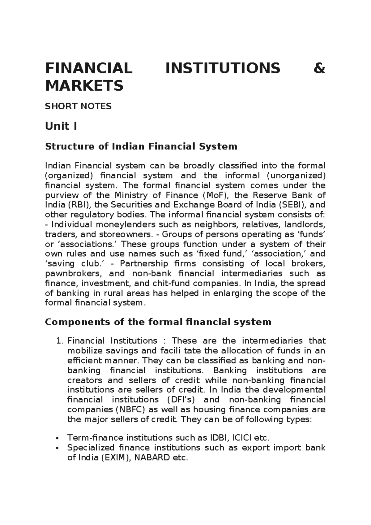 Financial Institutions notes - FINANCIAL INSTITUTIONS & MARKETS SHORT ...