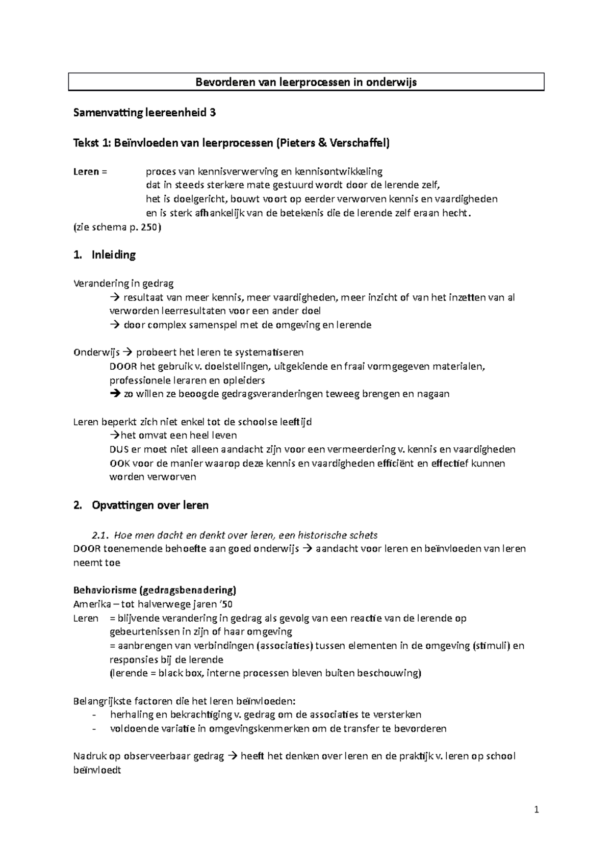 Samenvatting Leereenheid 3 - Bevorderen Van Leerprocessen In Onderwijs ...