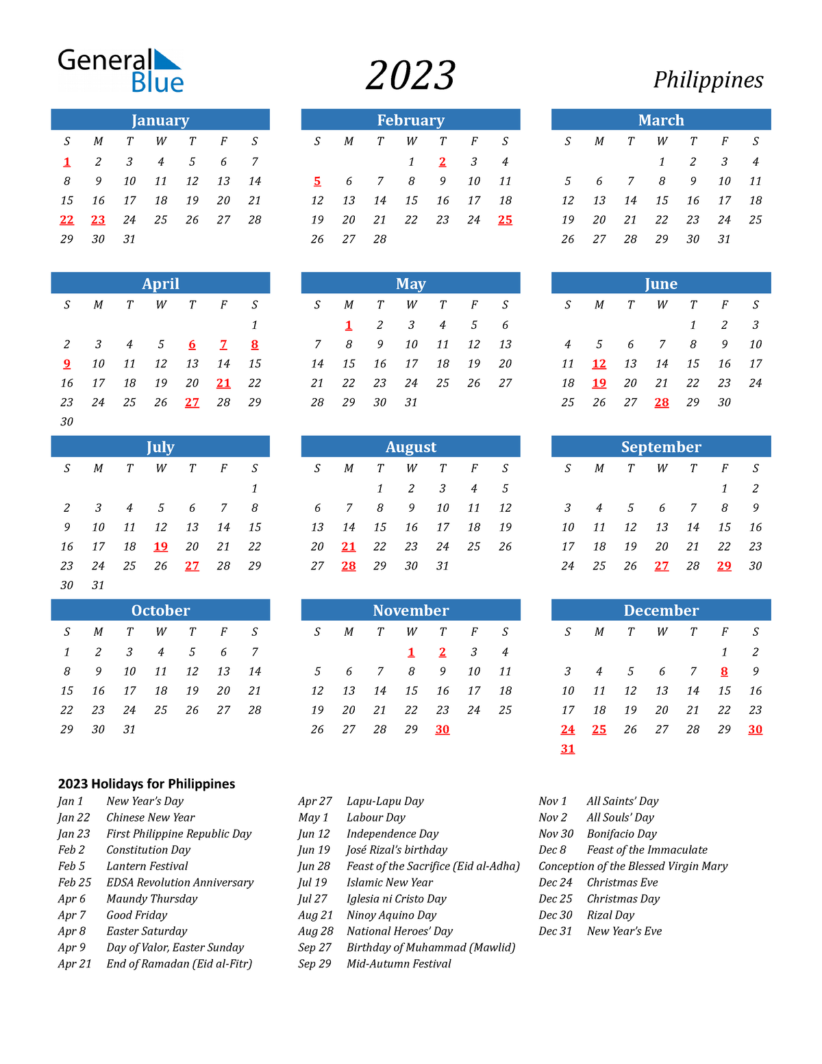 2023 calendar with holidays portrait sunday start en ph - 2023 ...