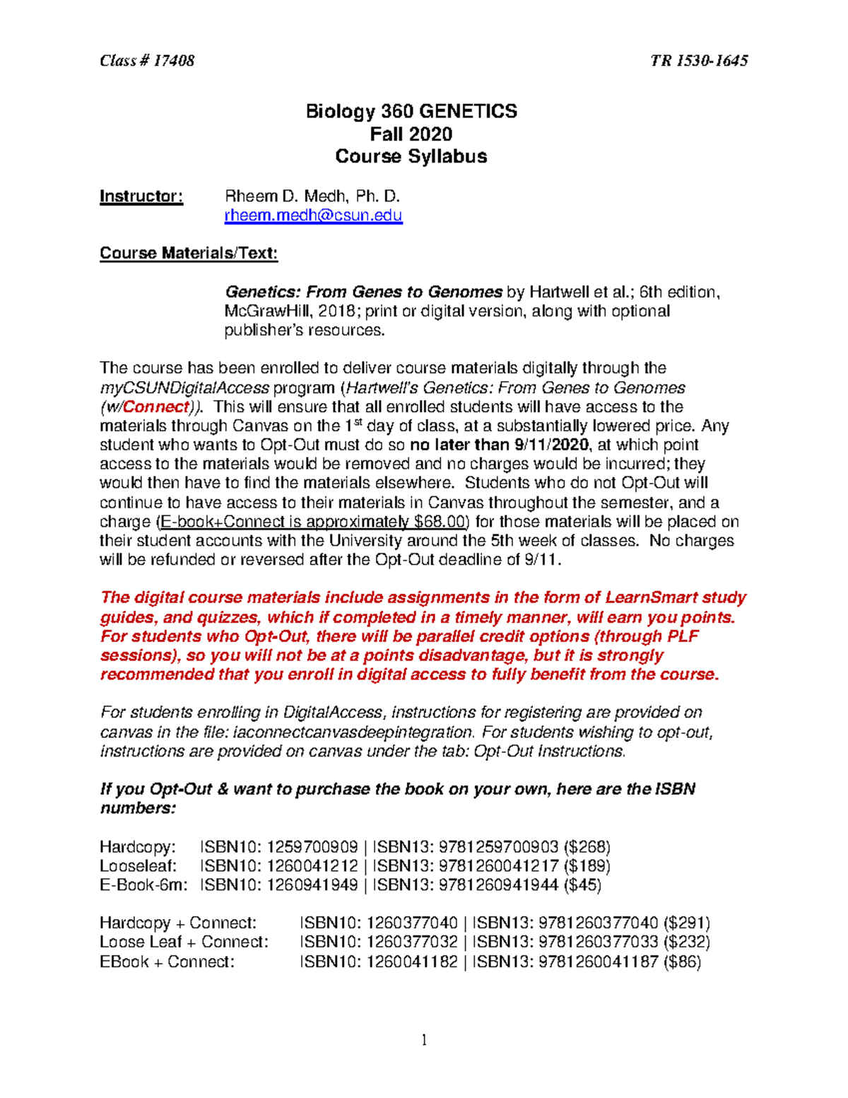 Biol 360 Syllabus Fall 2020 - Biology 360 GENETICS Fall 2020 Course ...