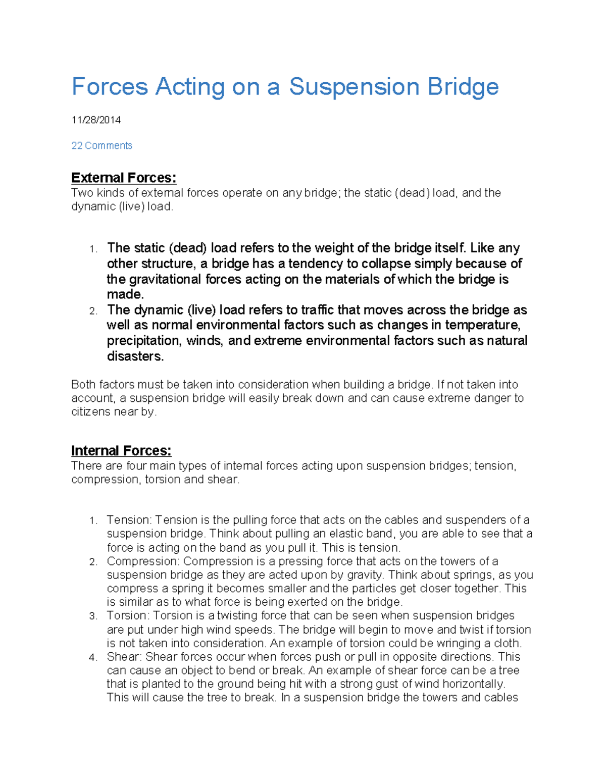 Forces Acting on a Suspension Bridge - Forces Acting on a Suspension ...