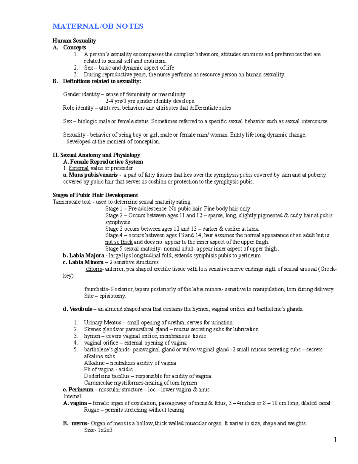 Obstetrical Nursing - NOTES - MATERNAL/OB NOTES Human Sexuality A ...