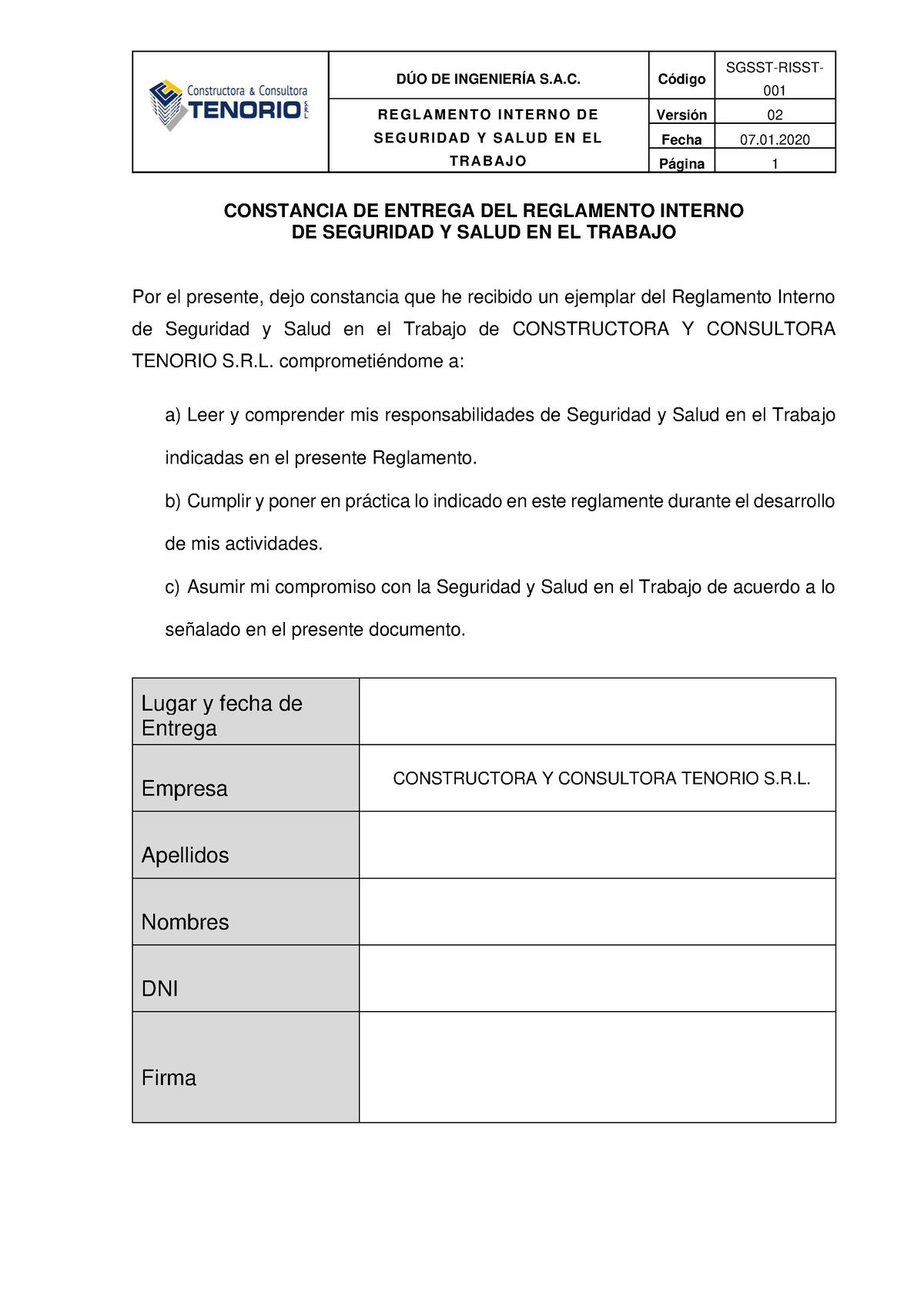 Constancia De Entrega Del Reglamento Interno De Seguridad Y Salud En El Trabajo DÚo De 3091