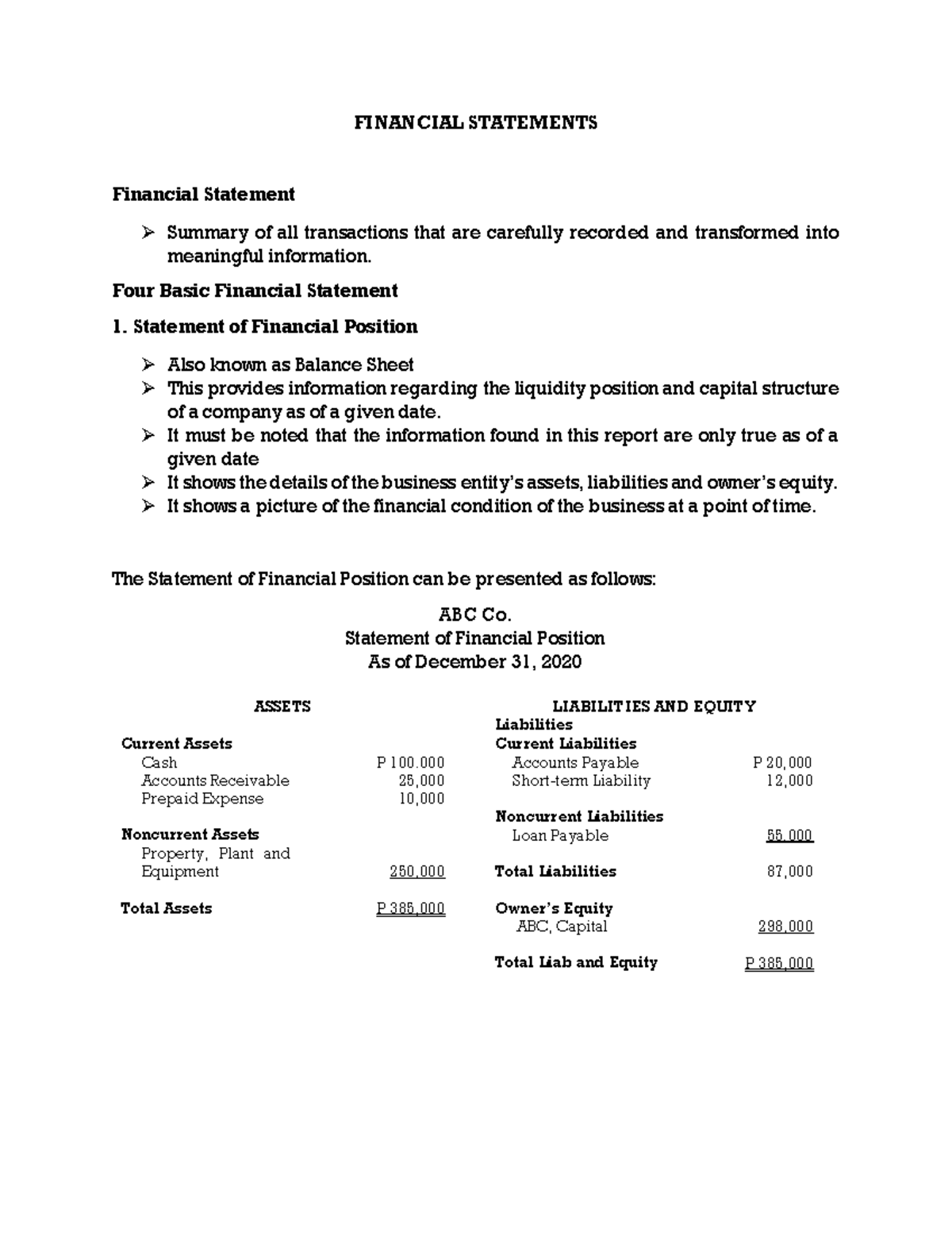 6 - Statement Of Financial Position - FINANCIAL STATEMENTS Financial ...