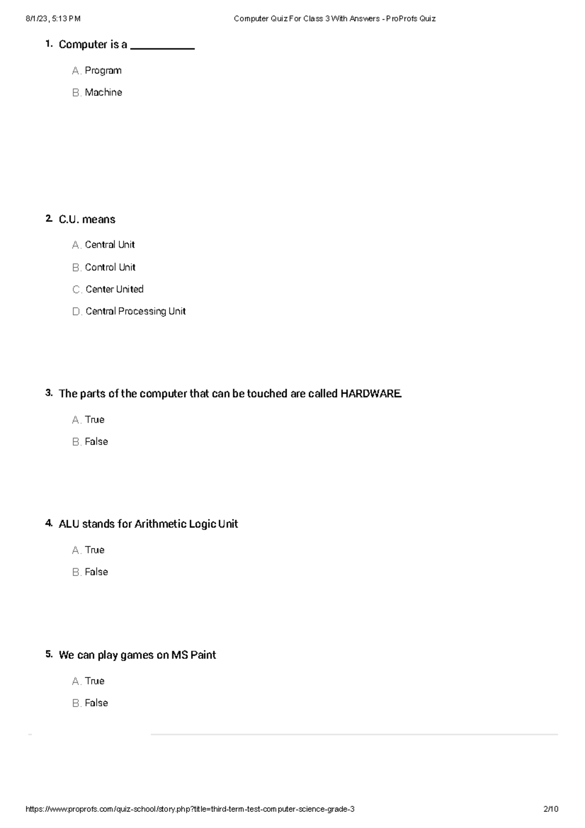 Computer Quiz For Class 3 With Answers - Pro Profs Quiz - 1. A. B ...