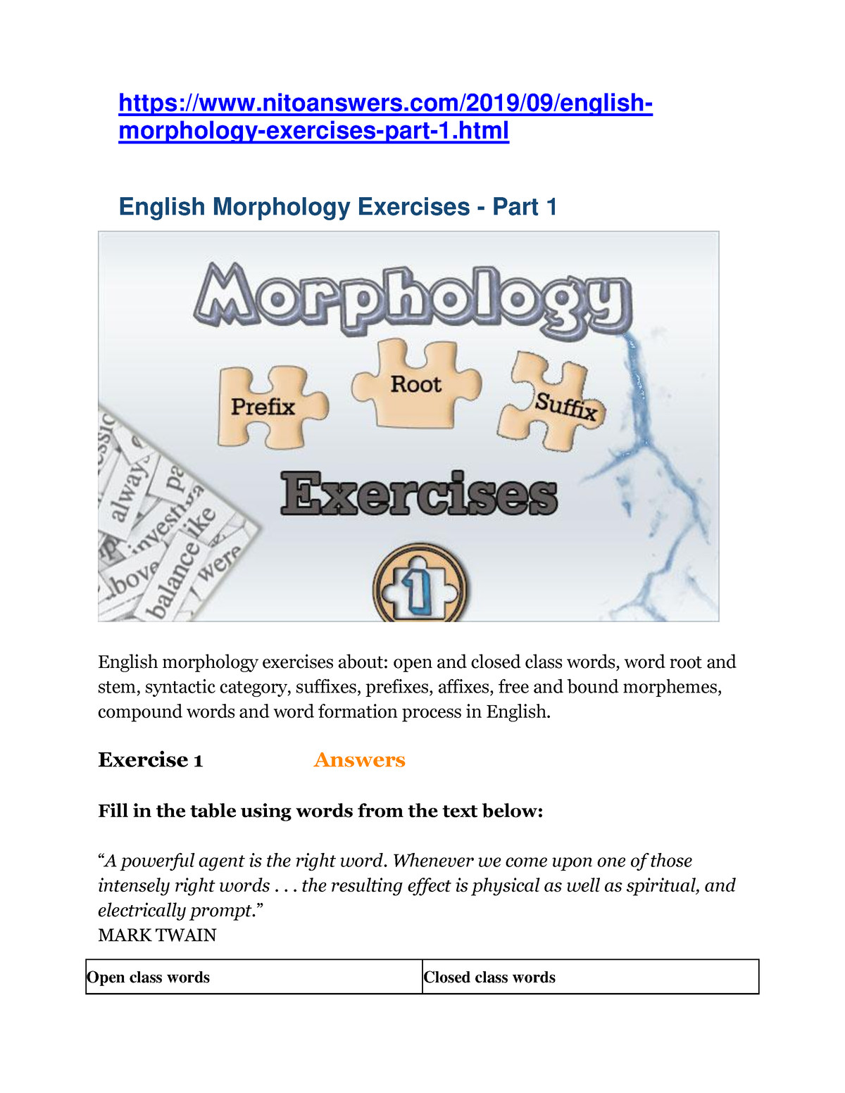 English Morphology Exercises - Part 1 - Nitoanswers/2019/09/english ...