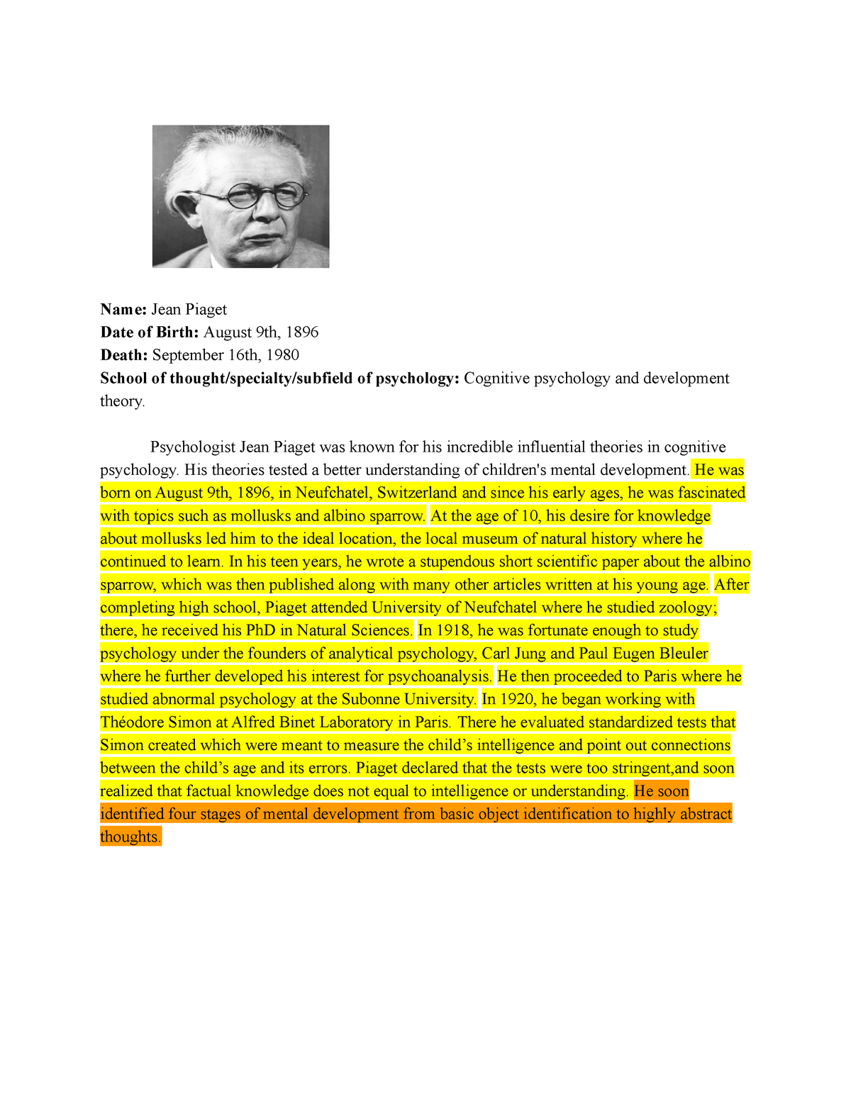 Psychology Paragraph Name Jean Piaget Date of Birth August 9th