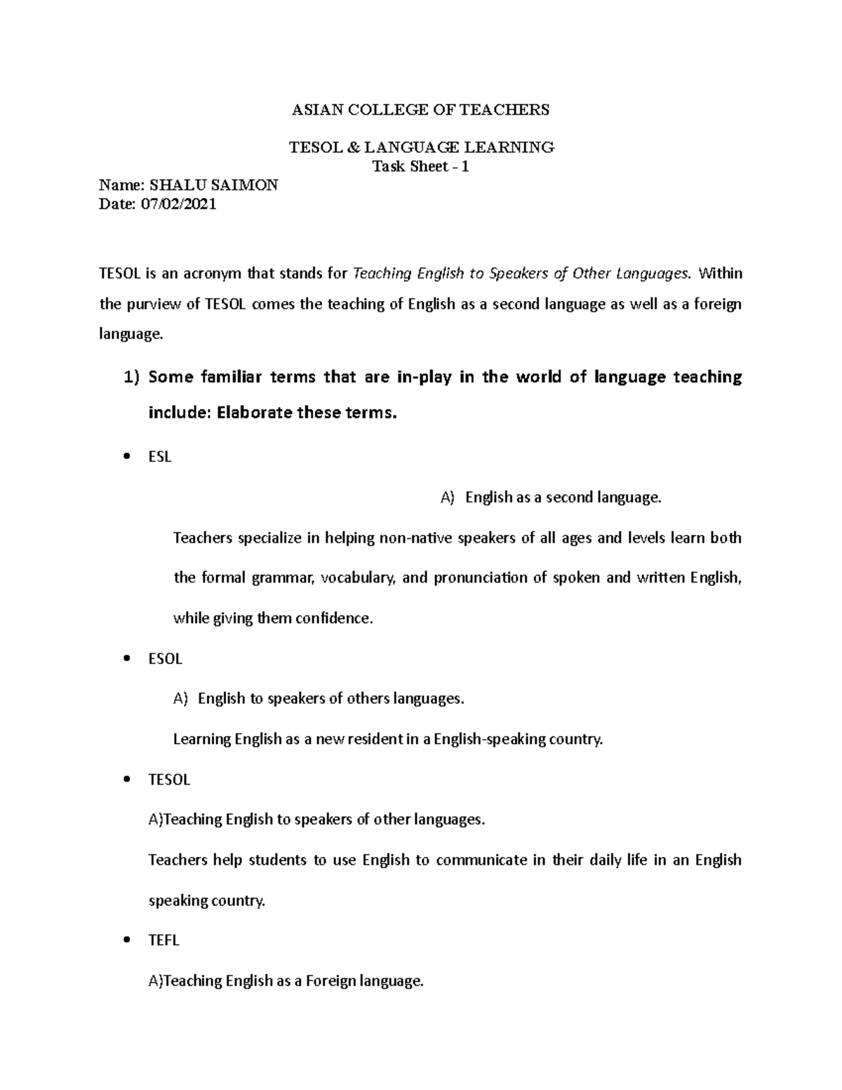 TEFL Task Sheet 1 - 2021 - Here Is The Ways To Teach English As A ...