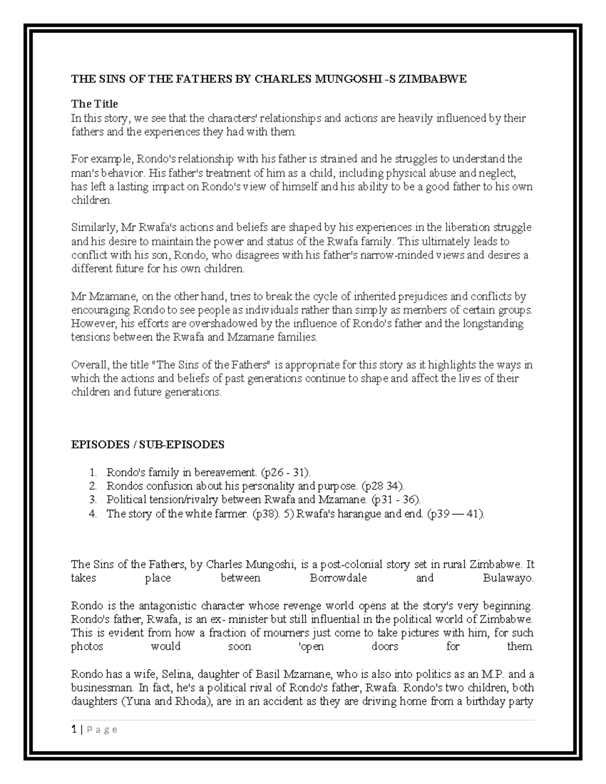 THE SINS OF THE Fathers BY Charles Mungoshi - THE SINS OF THE FATHERS ...