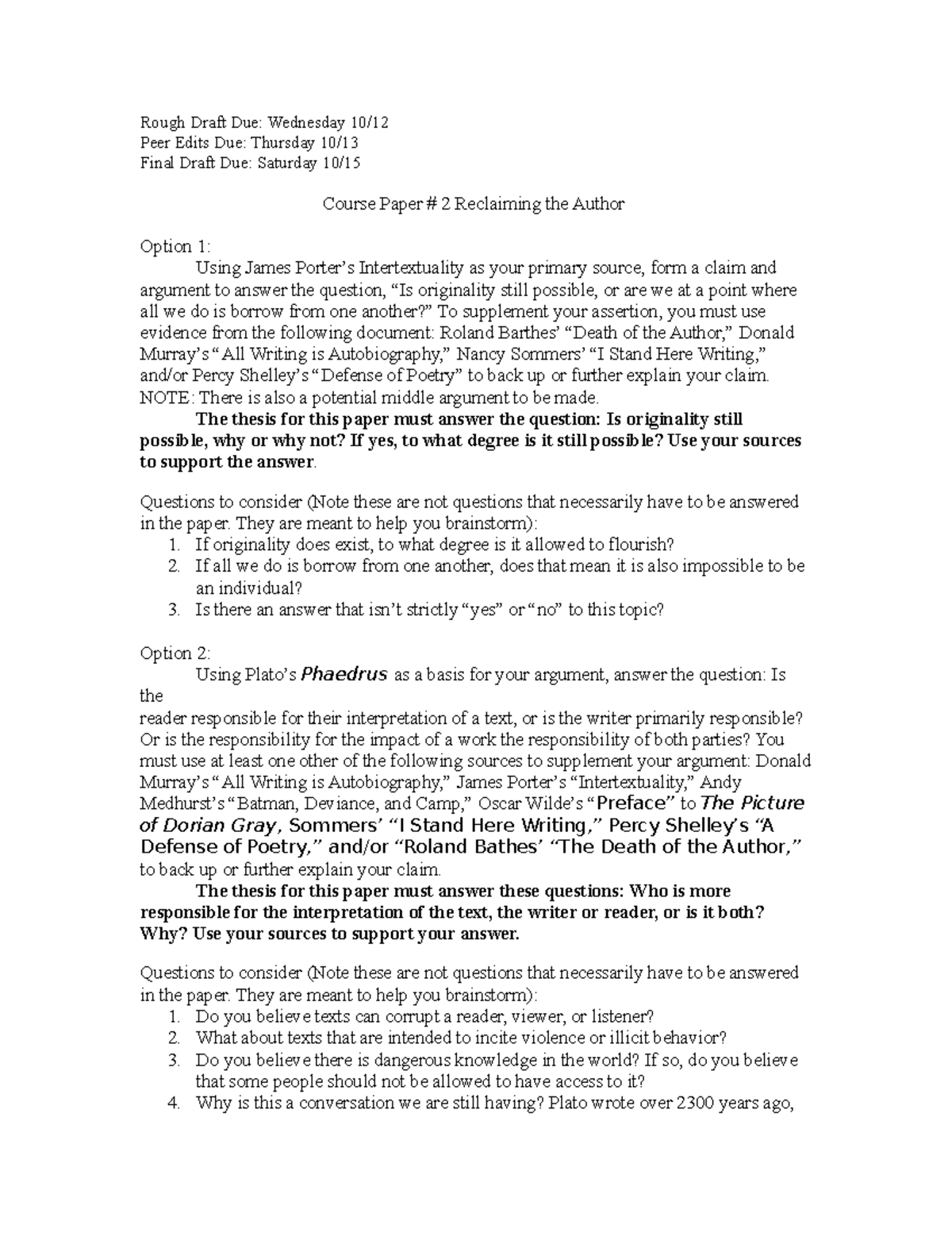 Coursepaper 2 - Essay #2 - Hodges - Rough Draft Due: Wednesday 10/ Peer ...