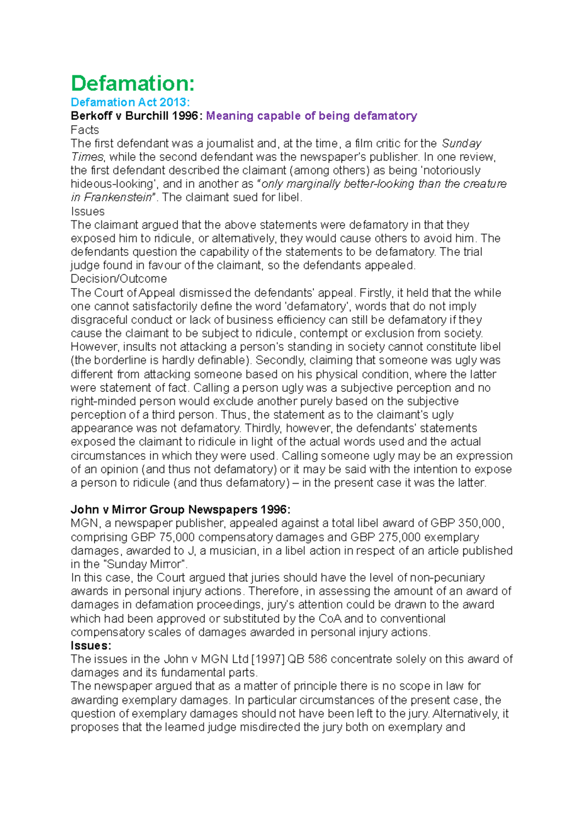 Defamation - These lecture notes provide in depth detail about case ...