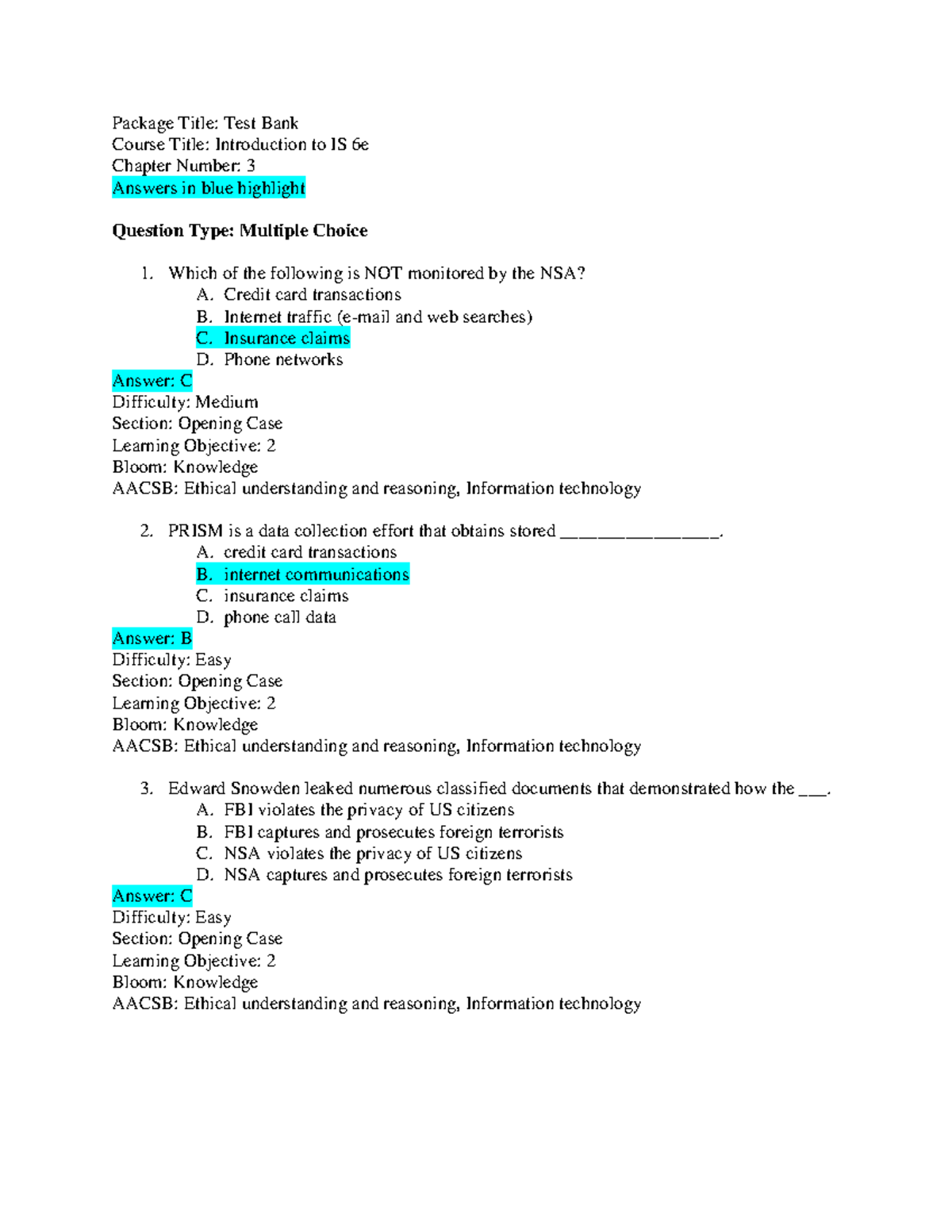 Chapter 3 - Management Information Systems - Package Title: Test Bank ...