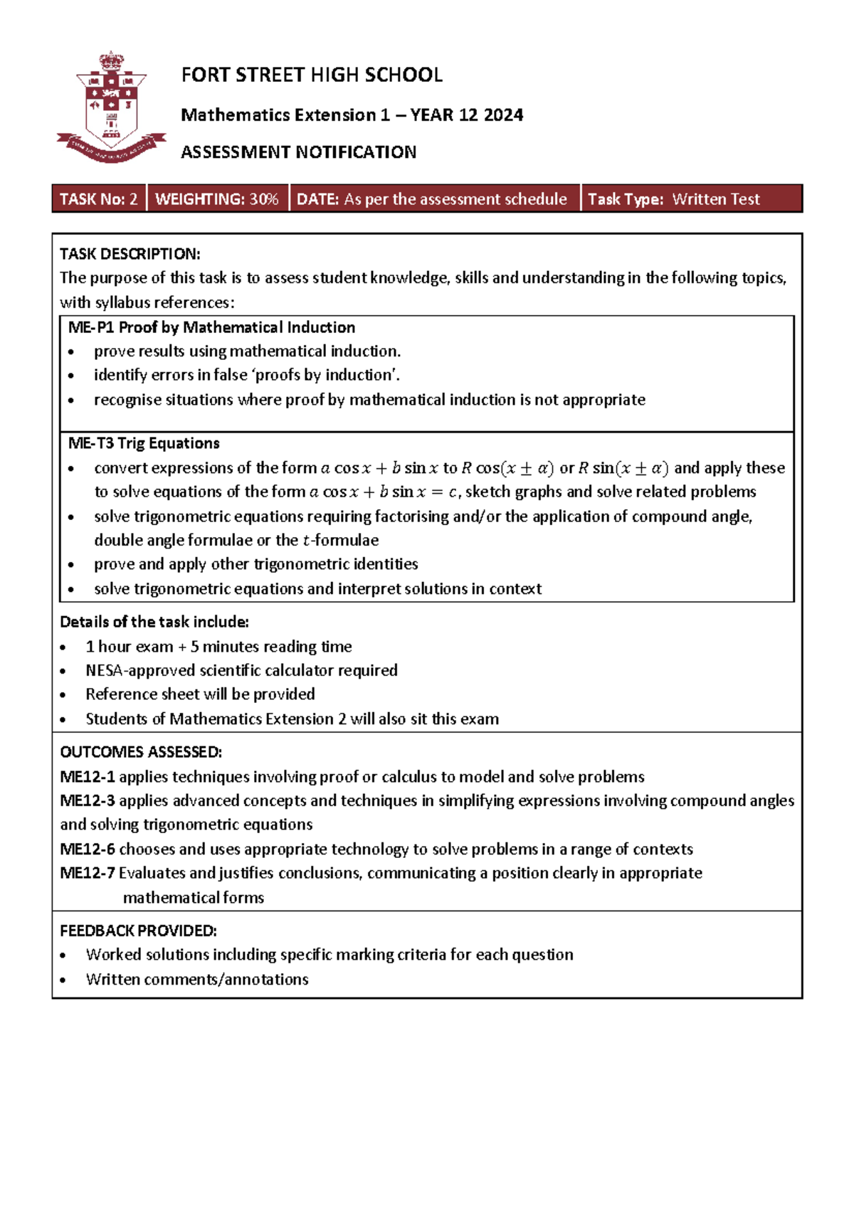 Year 12 Mathematics Extension 1 AT2 Notification 2024 - FORT STREET ...