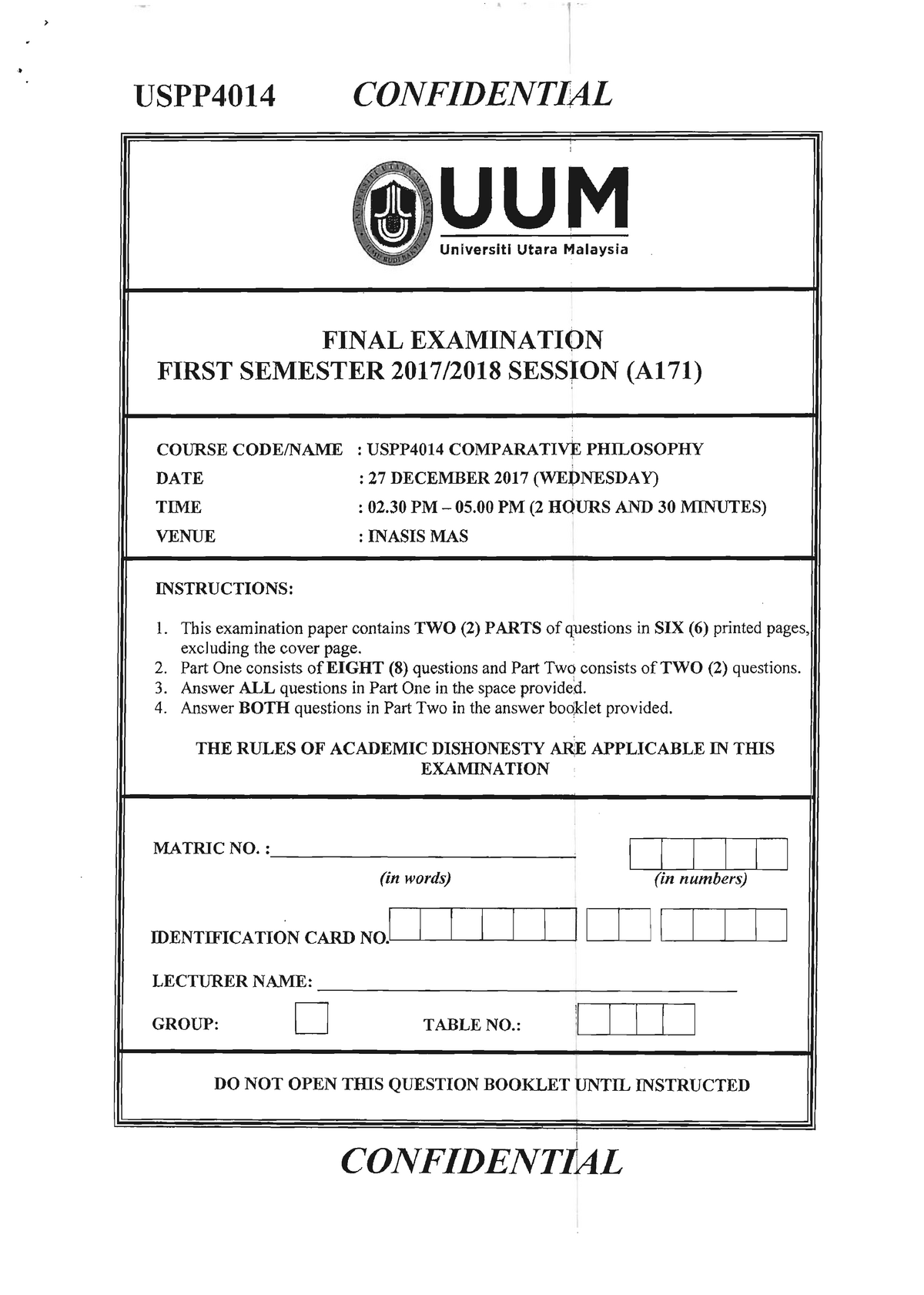 Exam 27 December 2017, questions - Comparative Philosophy 