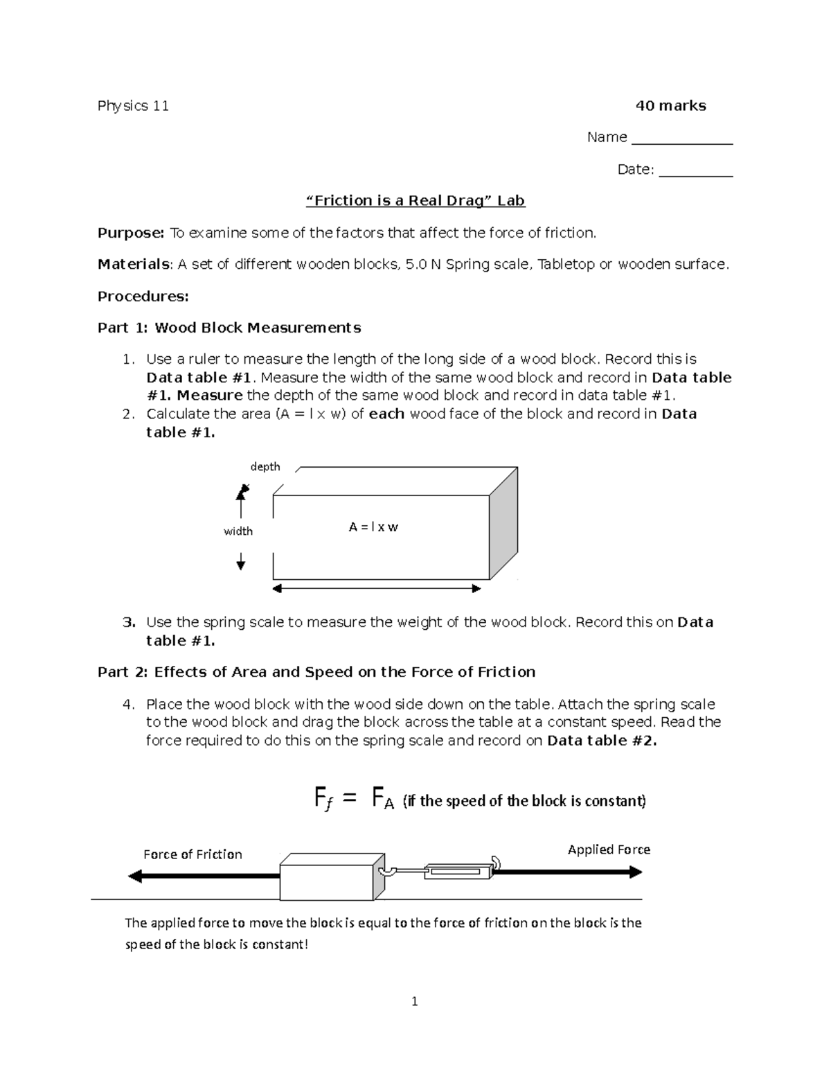 Force of Friction Lab - Force of Friction Applied Force Physics 11 40 ...