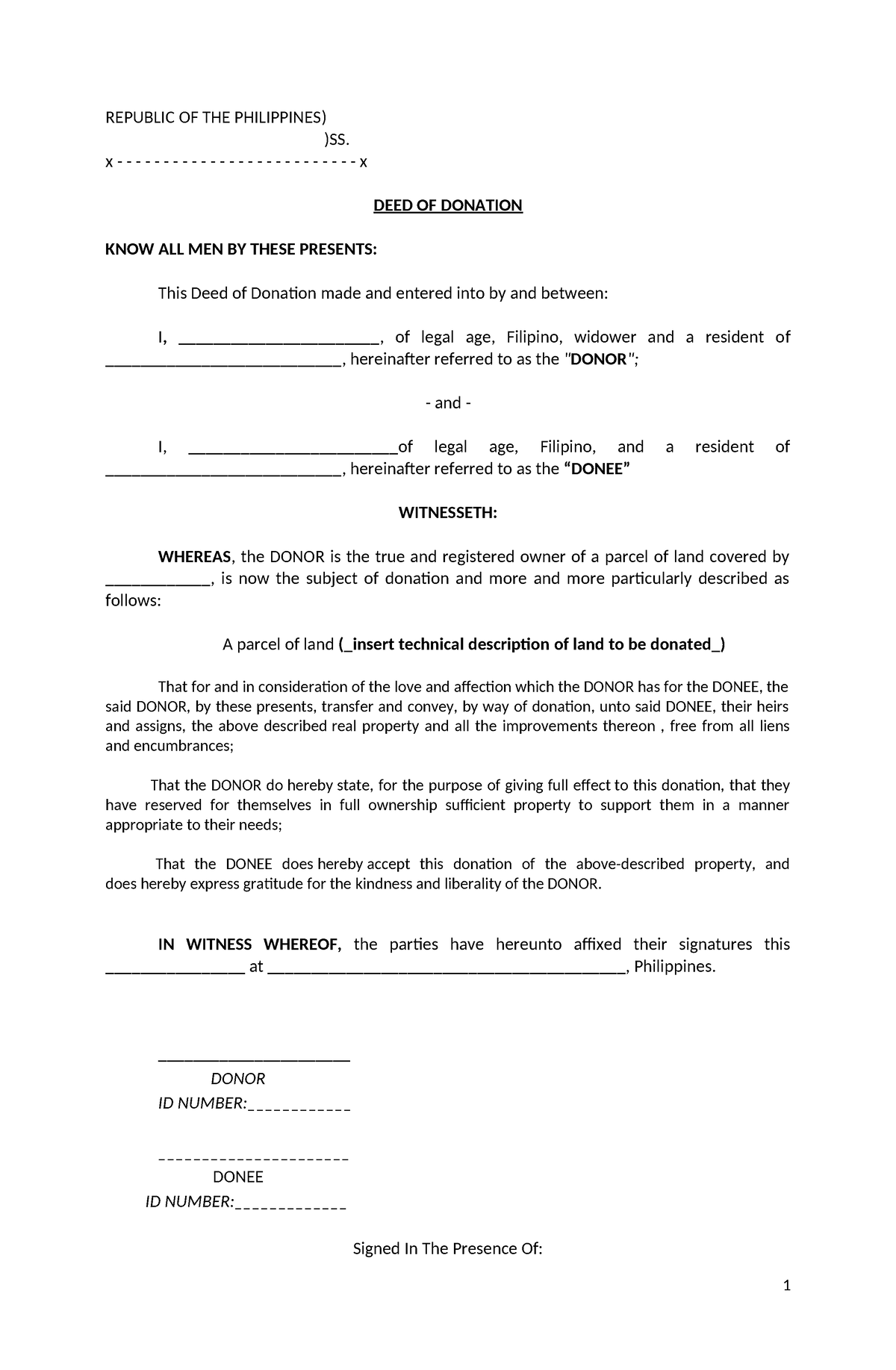 DEED OF Donation (parcel of land) Format - REPUBLIC OF THE PHILIPPINES ...