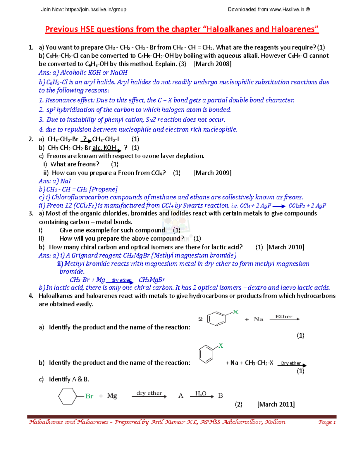 . Haloalkanes And Haloarenes - Previous HSE Questions From The Chapter ...