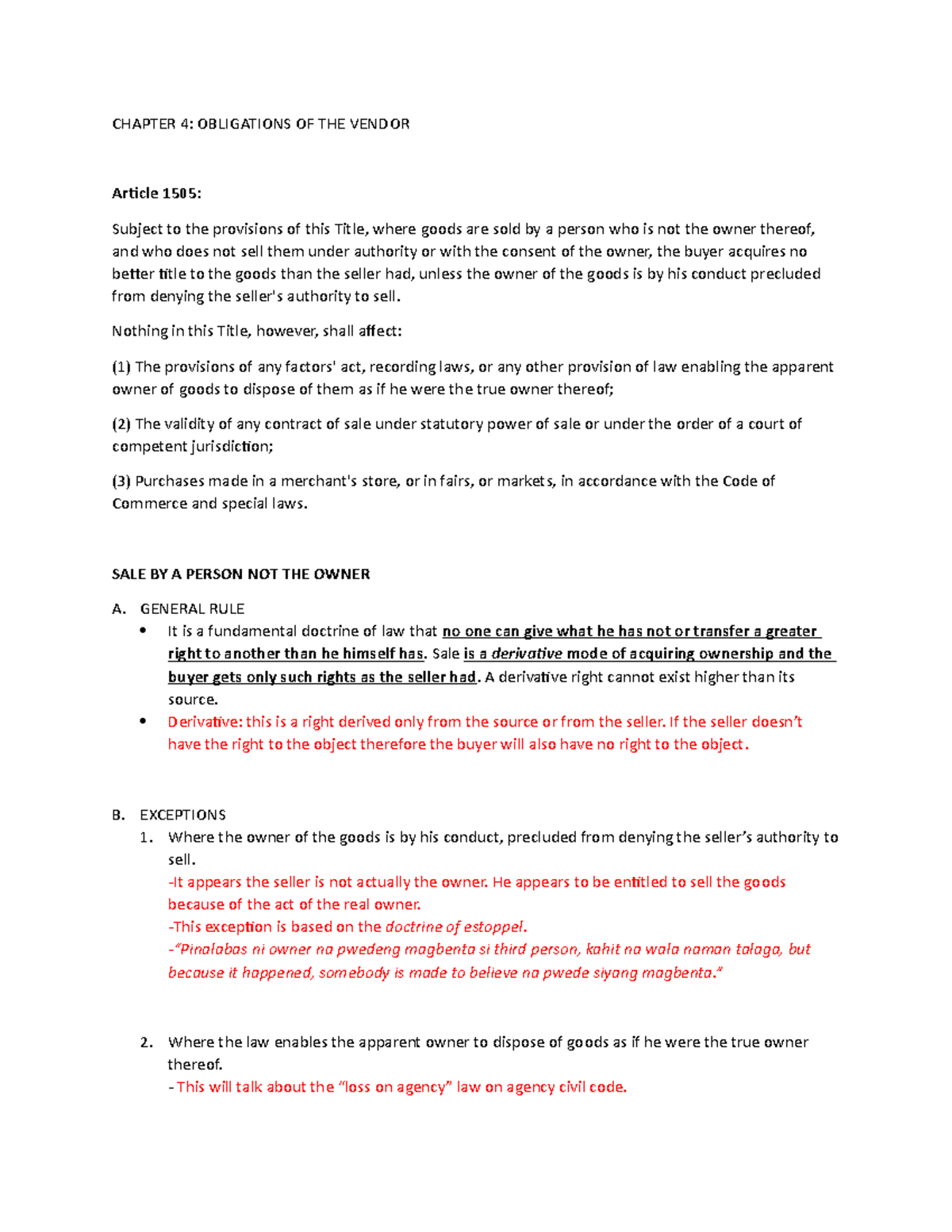 Notes IN LAW 3 Art 1505 To 1547 CHAPTER 4 OBLIGATIONS OF THE VENDOR 