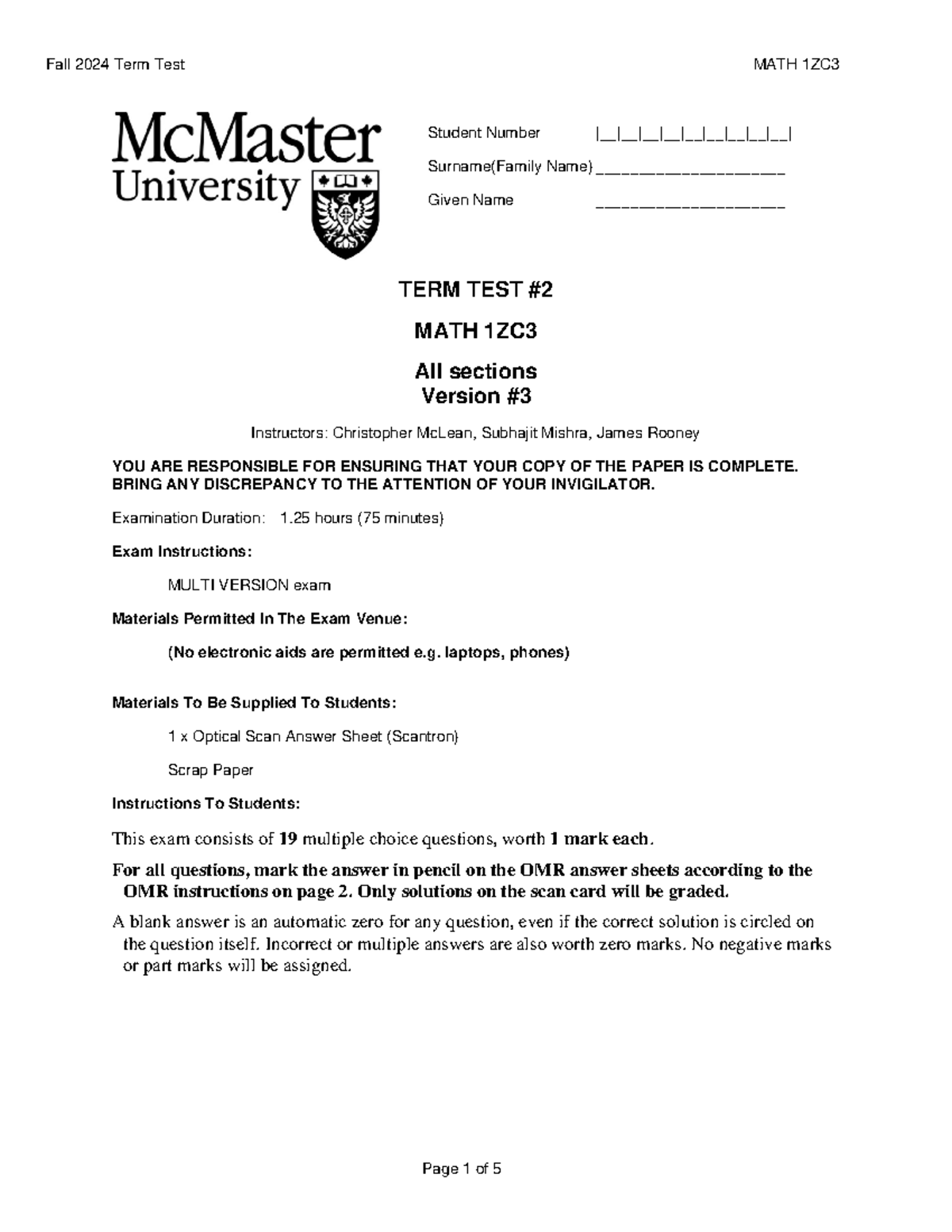 Math 1ZC3 Test 2 V3 - F24 - this is the second test of math 1ZC3 this ...