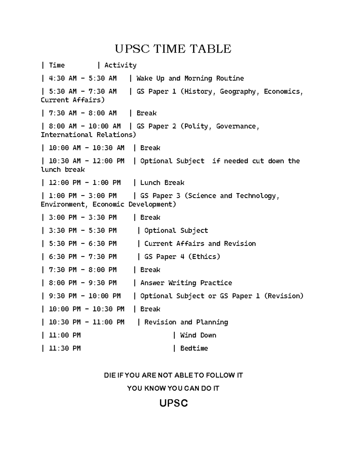 UPSC TIME Table - UPSC TIME TABLE | Time | Activity | 4:30 AM - 5:30 AM ...