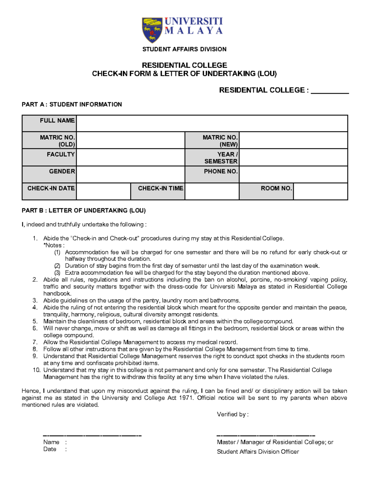 Check-IN FORM & Letter OF Undertaking (LOU) - STUDENT AFFAIRS DIVISION ...