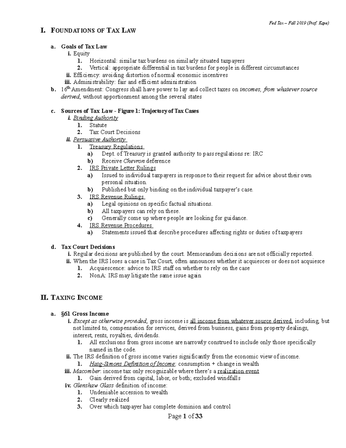 Backup of federal income tax kaye outline - I. FOUNDATIONS OF TAX LAW a ...