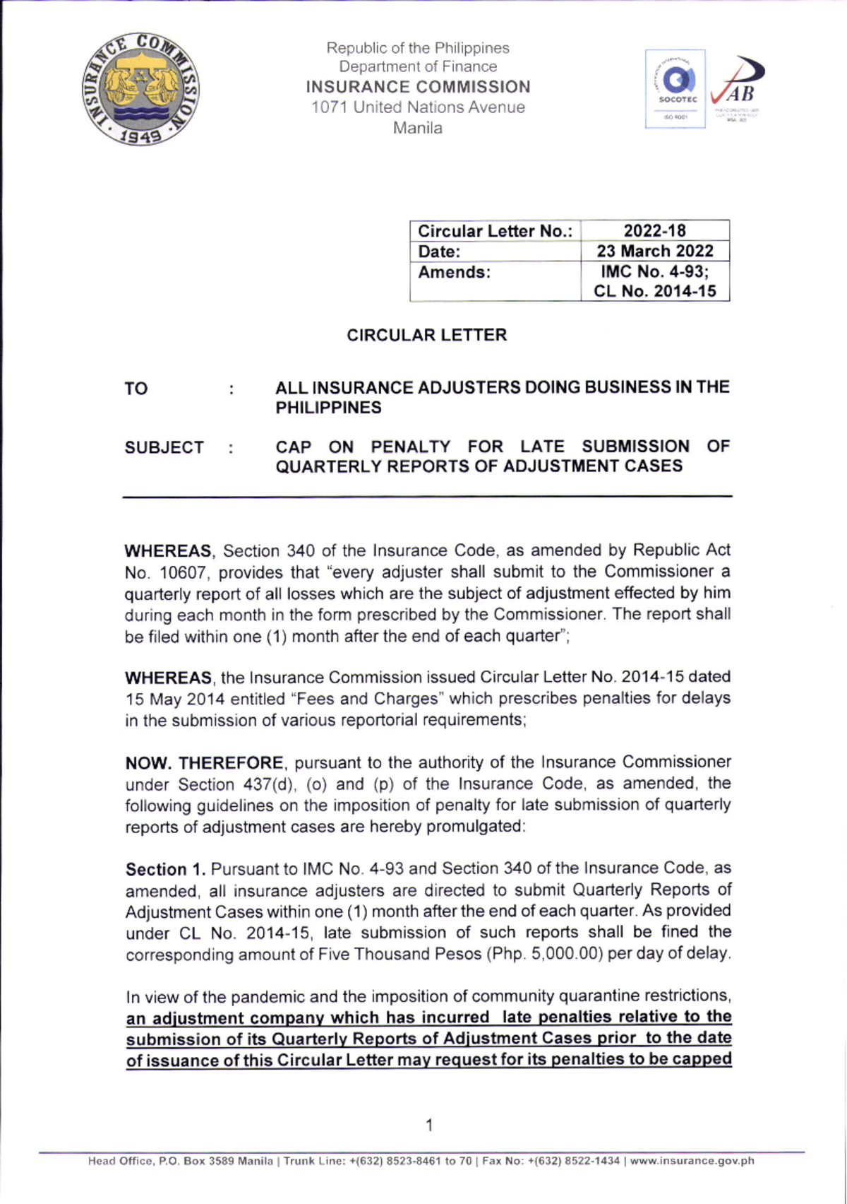 Cap on Penalty for Late Submission of Quarterly Reports of Adjustment