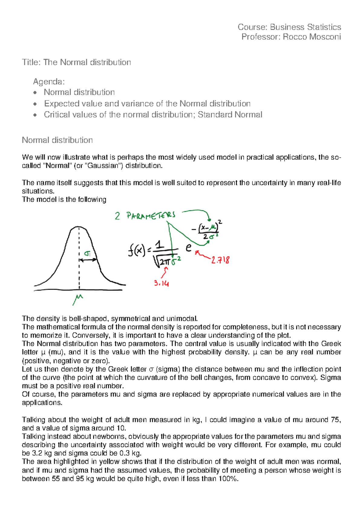 Normal Distribution - Course: Business Statistics Professor: Rocco ...