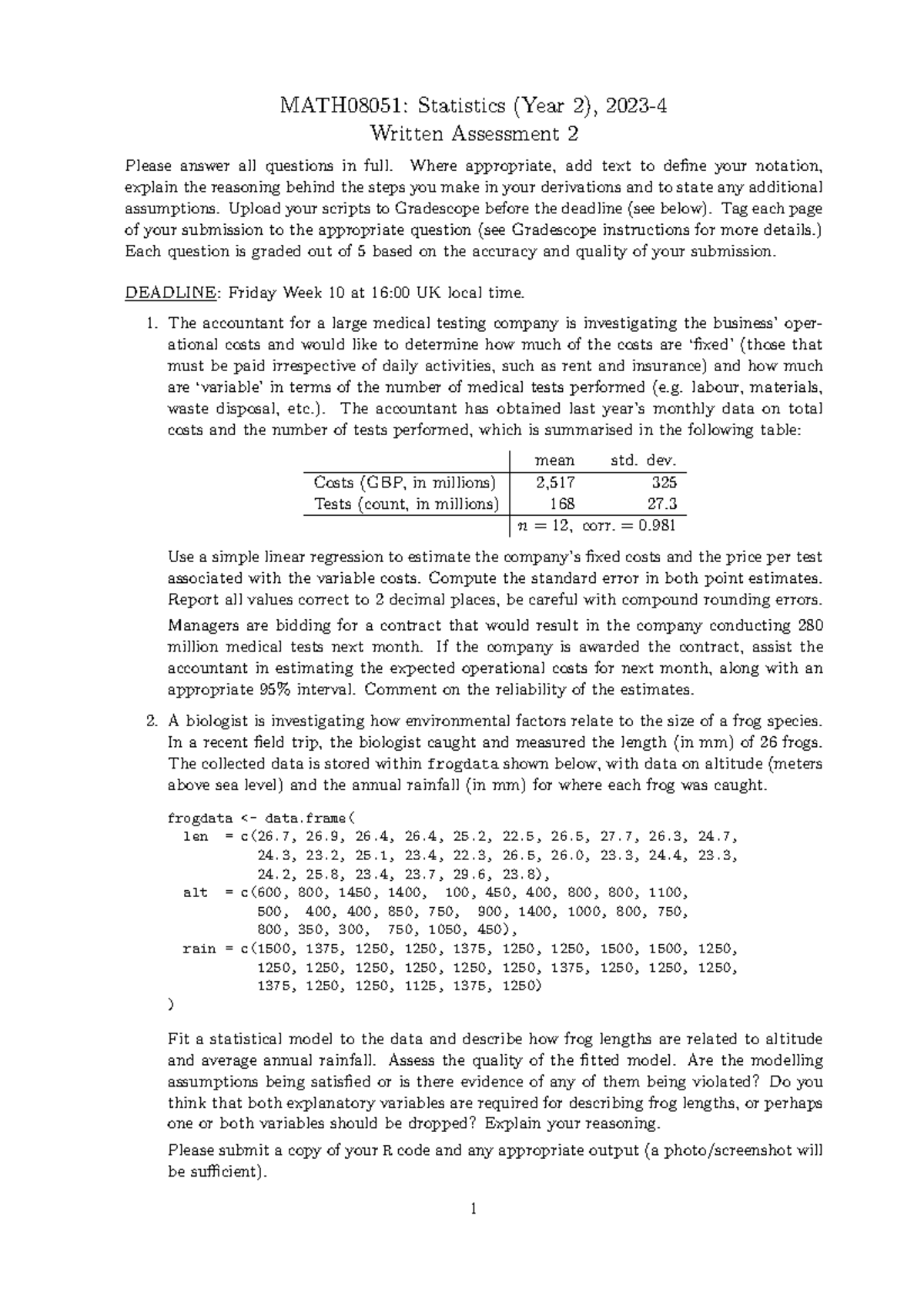 SY2 WA2 questions - MATH08051: Statistics (Year 2), 2023- Written ...