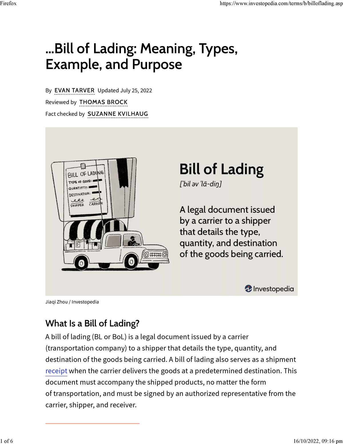Bill Of Lading Meaning Types Example And Purpose Jiaqi Zhou Investopedia Of Lading 4492