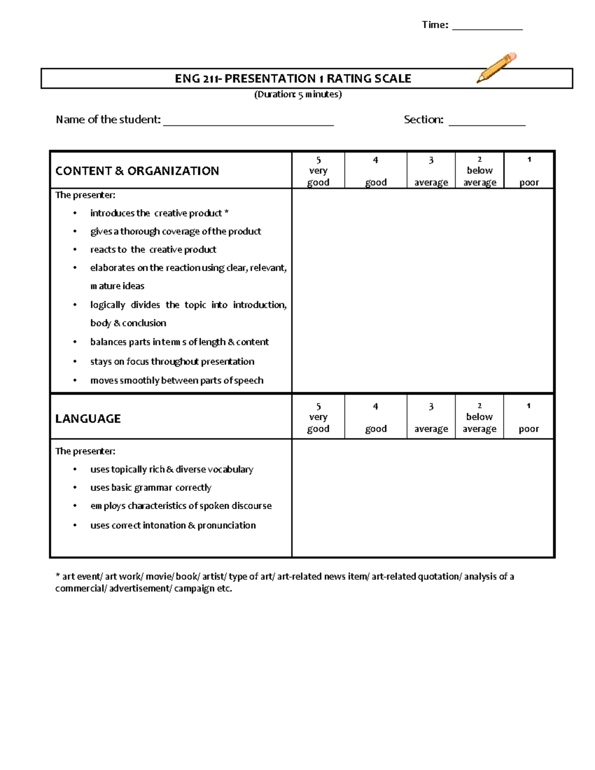 Presentation 1 Rubric - hii - ENG 211- PRESENTATION 1 RATING SCALE ...