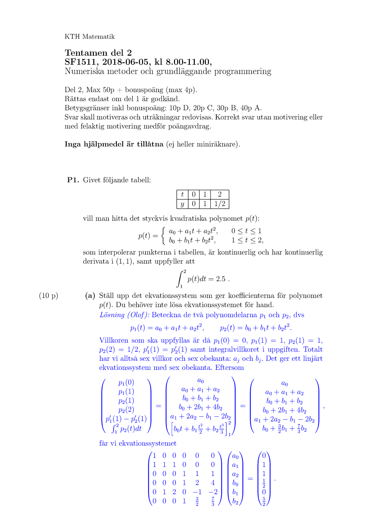 Tenta 5 Juni 2018, Svar - KTH Matematik Tentamen Del 2 SF1511, Kl ...