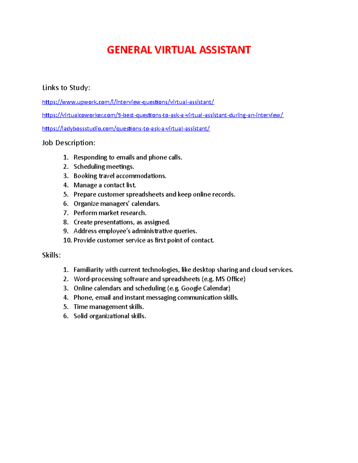 Interview - General Virtual Assistant - GENERAL VIRTUAL ASSISTANT Links ...